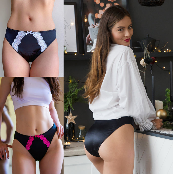 Dark panties with light blue lace trim along the waistband and leg openings