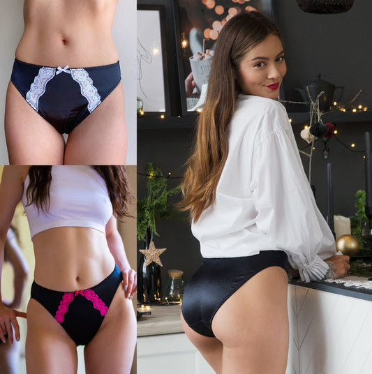 Dark panties with light blue lace trim along the waistband and leg openings