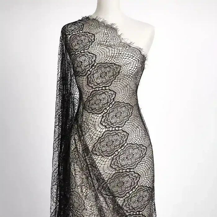 3 meter panel 58 inch black floral corded net French lace fabric by Ani Accessories for bridal dress and DIY