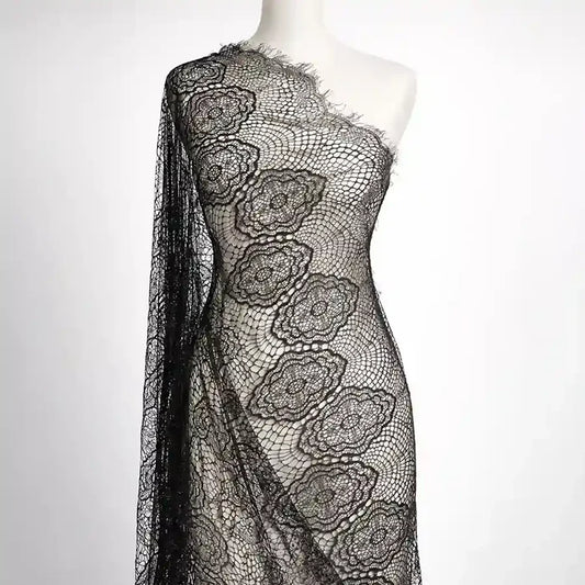 3 meter panel 58 inch black floral corded net French lace fabric by Ani Accessories for bridal dress and DIY