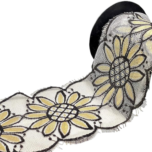 Imported 3 Meter Net Scallop Nylon Lace with Floral Pattern in Black and Yellow for Crafting Projects