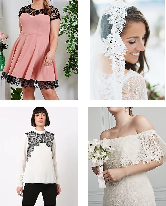 Imported 3 Meter Net Scallop Nylon Lace showcased in various elegant clothing and accessories