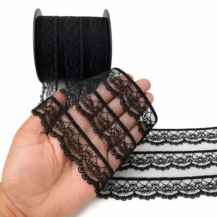 3.9 inch | Black Multi-Striped Floral Lace | 5 Meters | SLU-B8
