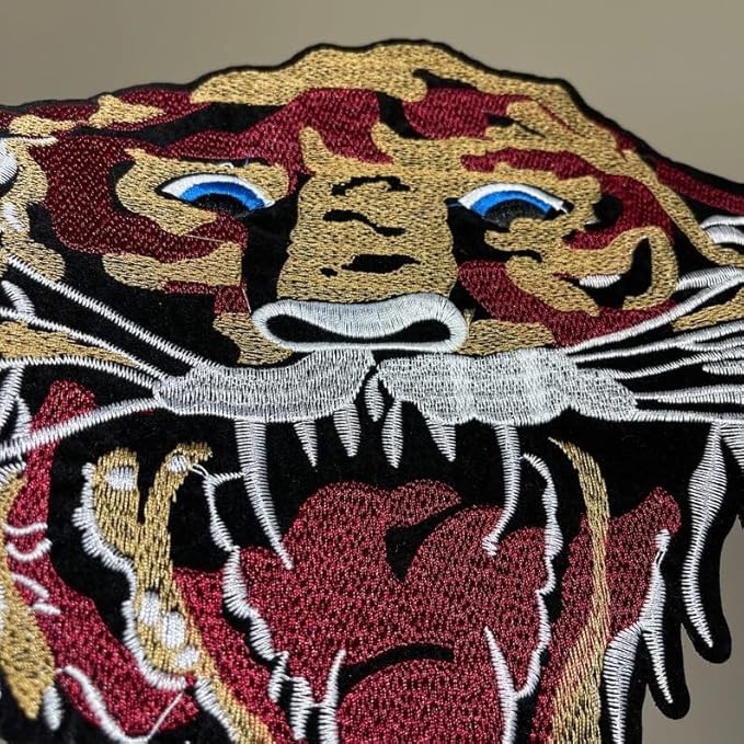 Ani Accessories tiger sew patch closeup for jackets shirts denim jeans bags and DIY projects with detailed animal design