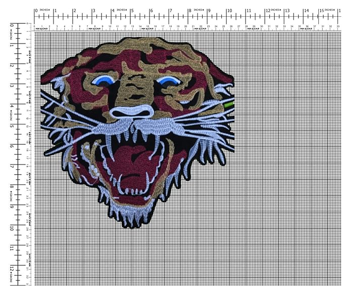 Ani Accessories tiger sew patch on graph view showing design shape and details for jackets shirts denim jeans bags and DIY clothing projects