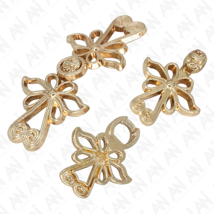 4 Pair | Golden Blossoms Frog Closure Metal Buttons