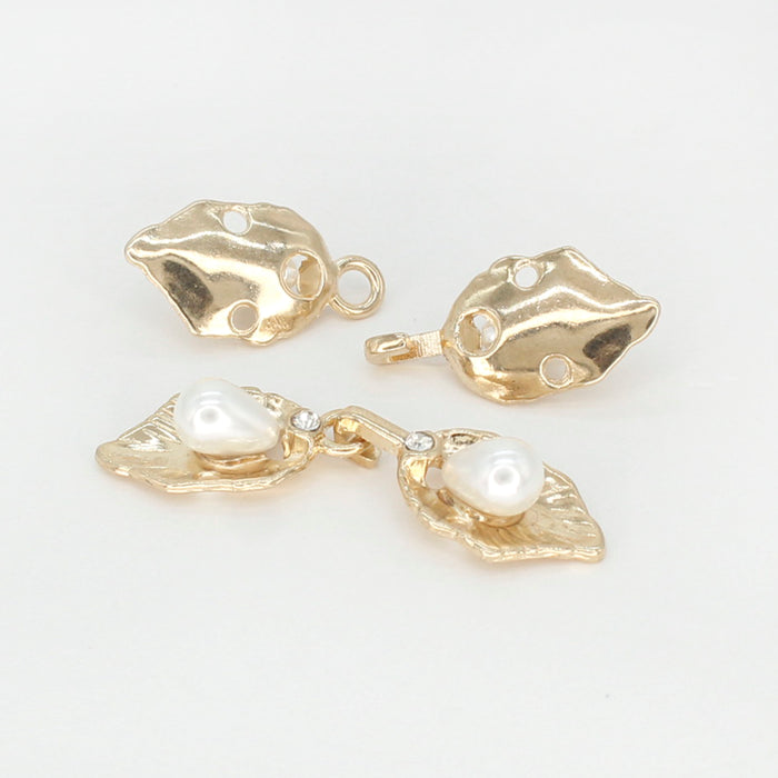 4 Pair | Leaf-shaped with pearl design Frog closure metal button-4.5cm×1cm