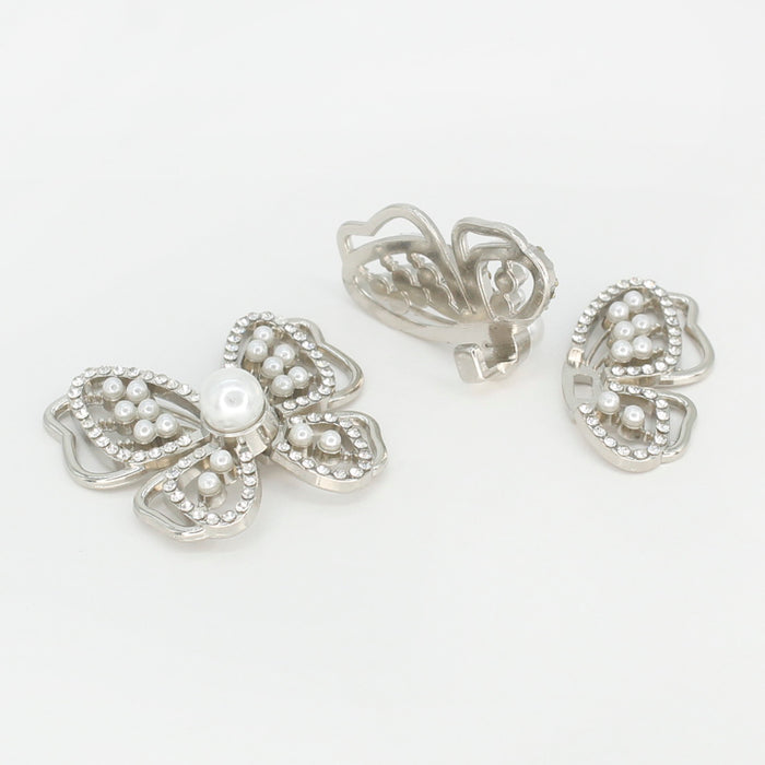 4 Pair | Rhinestone & Pearl Butterfly Wings - Frog Closure Metal Button