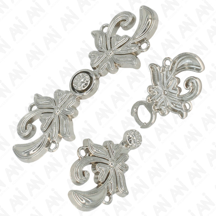 4 Pair | Silver Floral Frog Closure Metal Buttons