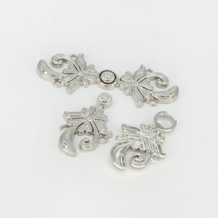 4 Pair | Silver Floral Frog Closure Metal Buttons