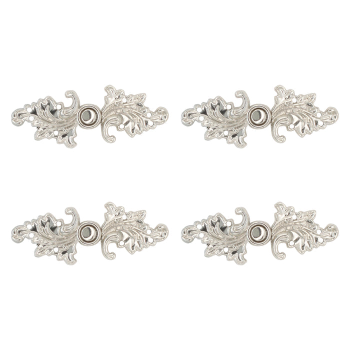 4 Pair | Silver Floral With Leaf Frog Closure Metal Buttons