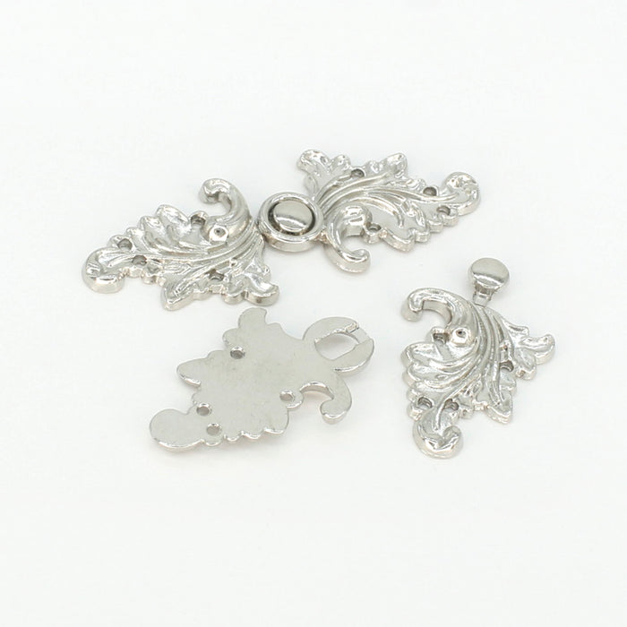 4 Pair | Silver Floral With Leaf Frog Closure Metal Buttons