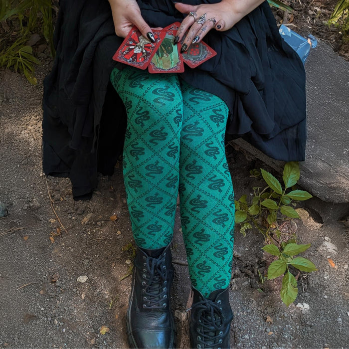80 Denier Opaque Tights - Corra Snakes - Foliage Green