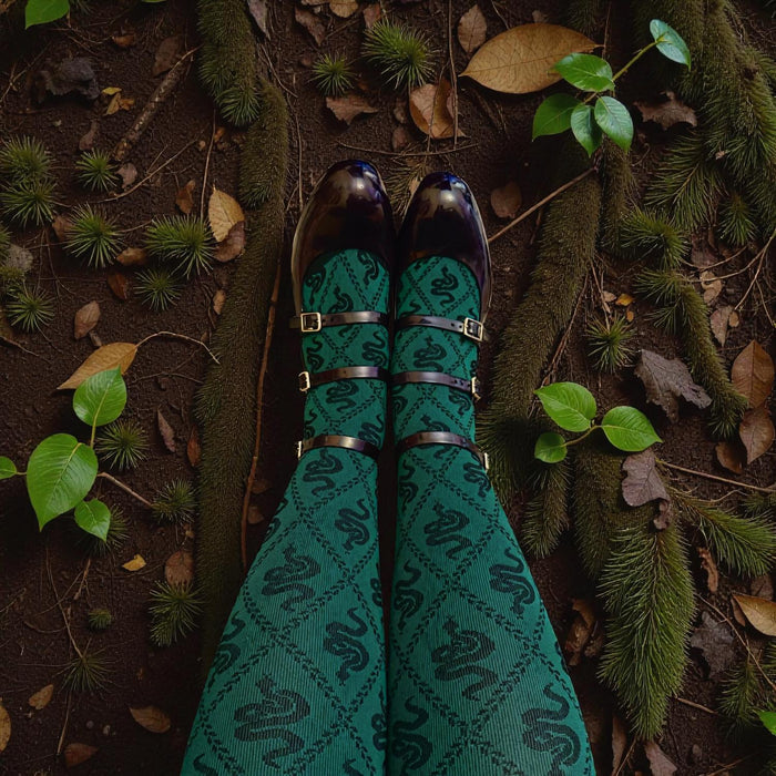 80 Denier Opaque Tights - Corra Snakes - Foliage Green