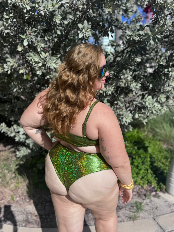 Acid Green Glitter High Waist Cheeky Bikini Bottom