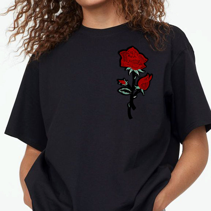 Ani Accessories rose sew flower patch shown on model for women jackets shirts denim jeans bags and DIY clothing projects