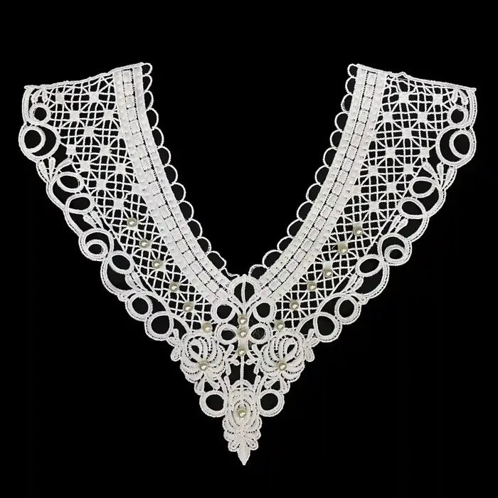 Elegant designer V neckline by Ani Accessories front view on women’s dress highlighting tailored finishing details