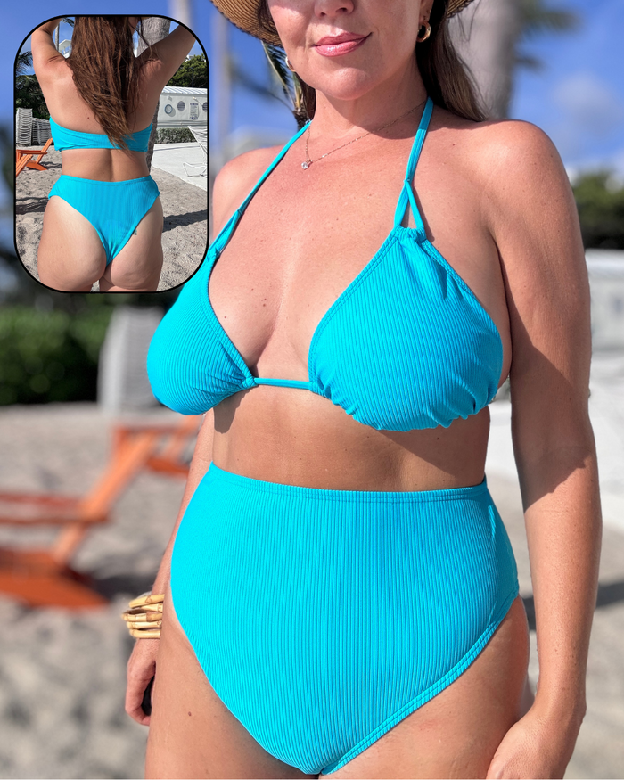 Aqua Blue Rib High Waist Cheeky Bikini Bottom