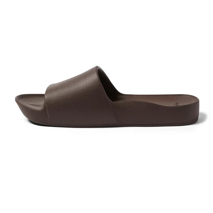 Archies Brown Arch Support Slides — Right shoe side angle