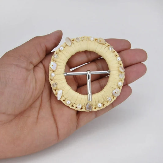 Artisanal Raffia Buckle with Shells & Pearls