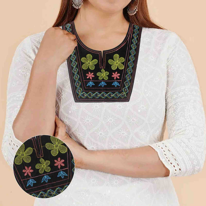 Elegant Aztec style embroidered neckline from Ani Accessories showcasing detailed geometric embroidery and vibrant ethnic appeal for garments