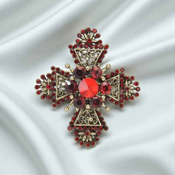 Baroque Red Crystal Filigree Cross Brooch