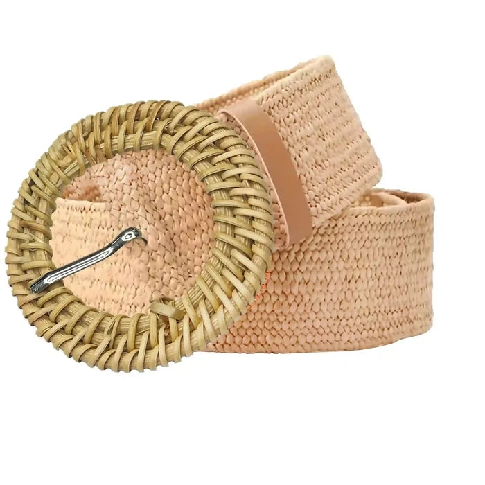 Ani Accessories Elegant Basket Knitted style Raffia Buckle with Prong  in a baby pink  raffia belt on a plain white background