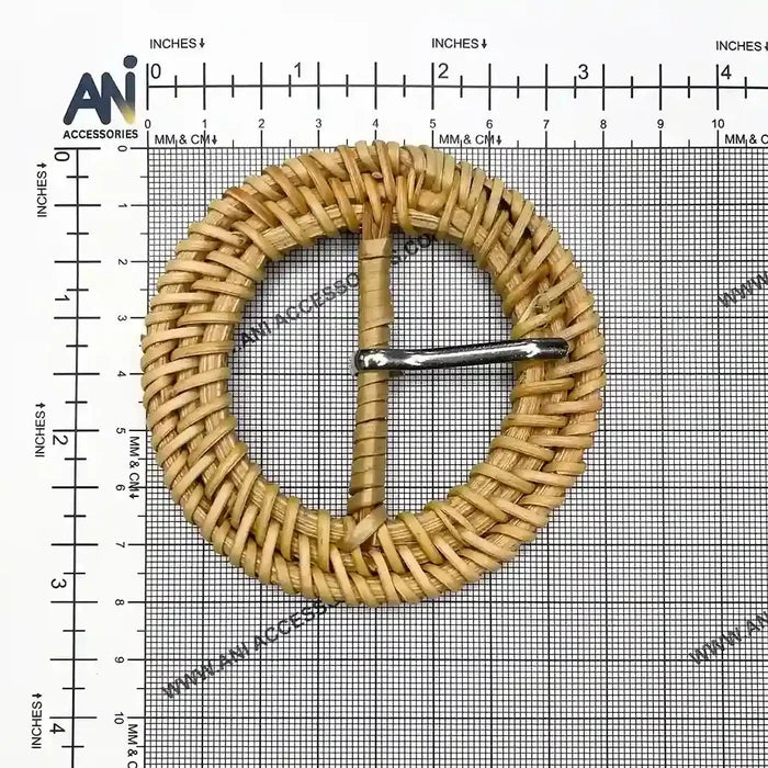 Ani Accessories Elegant Basket Knitted style Raffia Buckle with Prong   placed on a size chart  bar graph to show the exact size of buckle.