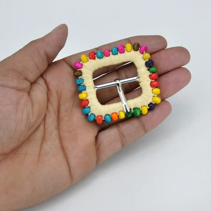 Ani Accessories bead trimmed raffia buckle handmade straw woven buckle with beads for belt bag DIY craft decor