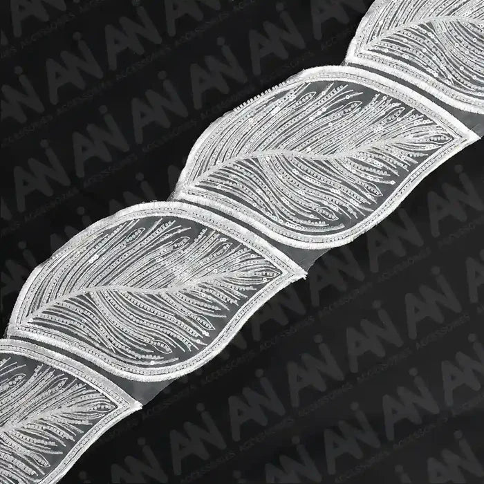 Beaded cut work Large Leaf Design Lace Trim on net | 1 meter