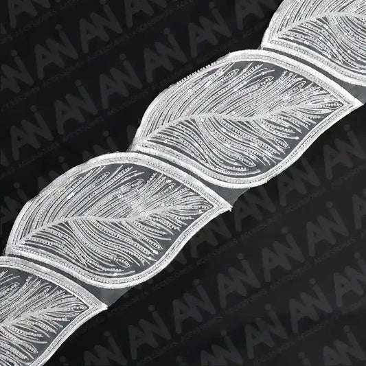 Beaded cut work Large Leaf Design Lace Trim on net | 1 meter