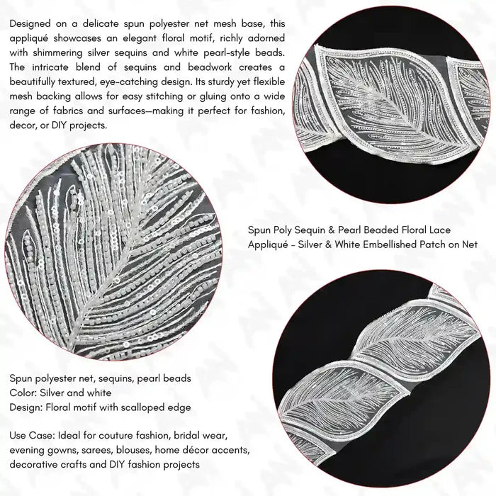 Beaded cut work Large Leaf Design Lace Trim on net | 1 meter