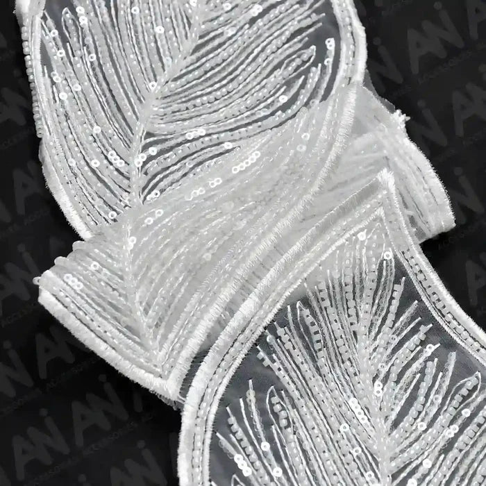 Beaded cut work Large Leaf Design Lace Trim on net | 1 meter