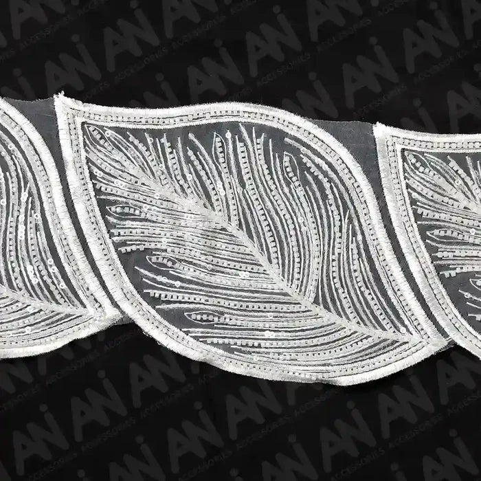 Beaded cut work Large Leaf Design Lace Trim on net | 1 meter