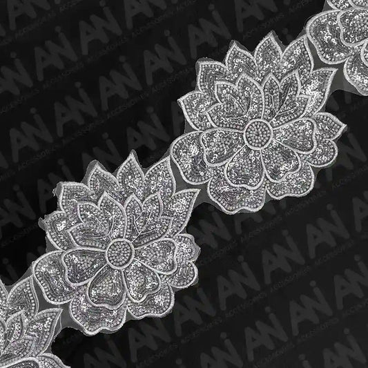Beaded cut work Lotus Lace Trim on net | 1 meter