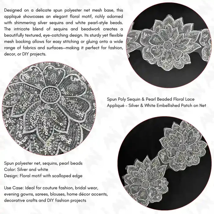 Beaded cut work Lotus Lace Trim on net | 1 meter