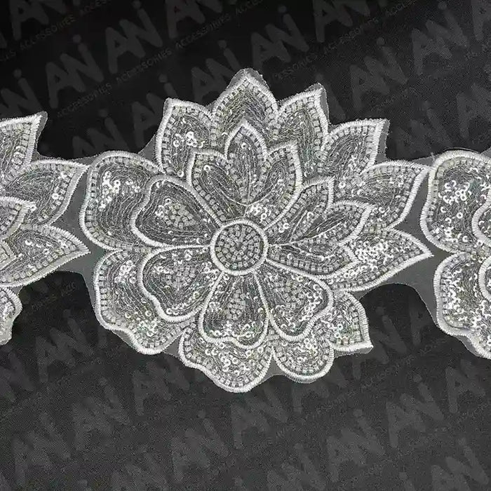 Beaded cut work Lotus Lace Trim on net | 1 meter