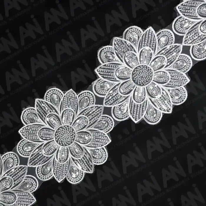 Beaded cut work Sunflower Lace Trim on net | 1 Meter