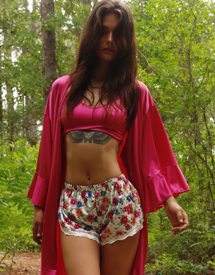 Pink satin long robe with tie belt and ruffle sleeves, open front