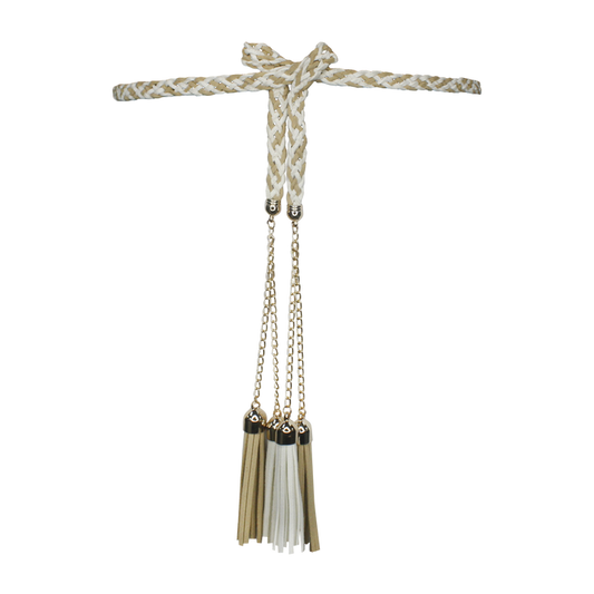 Beige and white colored Braided Tassel waist belt