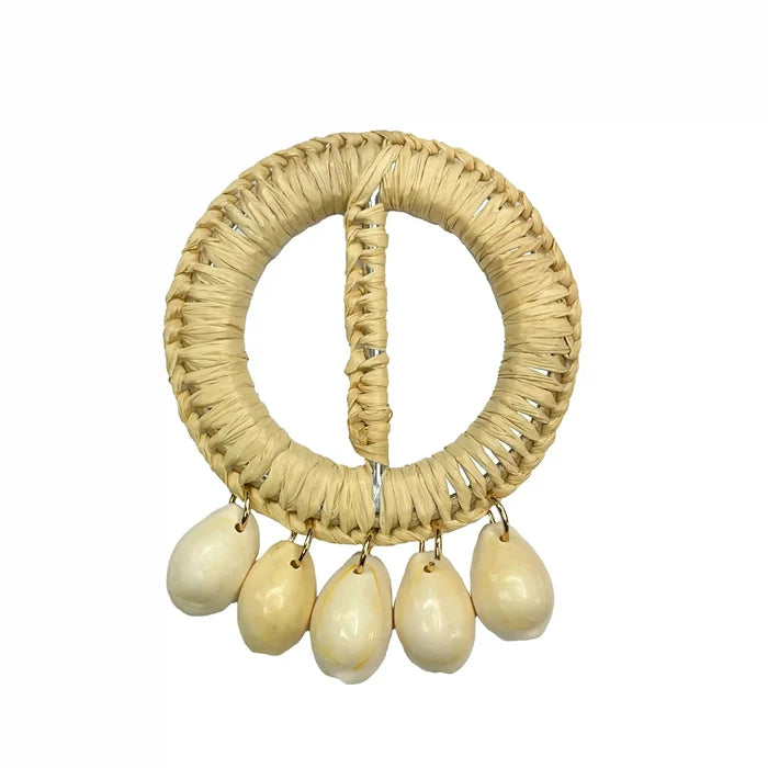 Ani Accessories  Beige Circle Raffia with Hanging 5 Shell  in a Buckle backside view on a white background