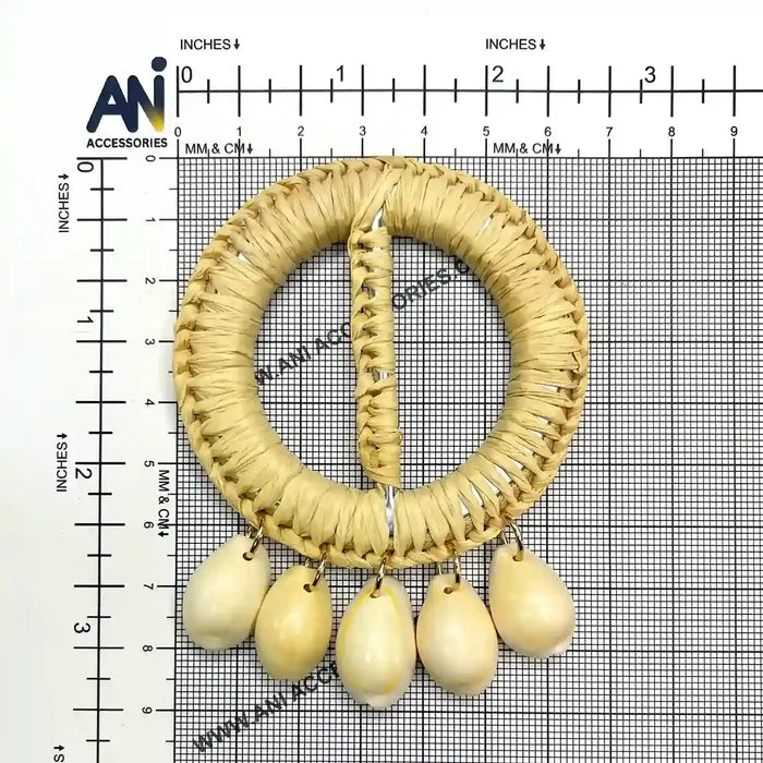 Ani Accessories  Beige Circle Raffia with Hanging 5 Shell  in a Buckle backside view  placed on a size chart graph in a white background