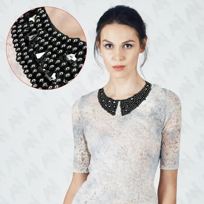Black Bead Embellished Collar Neckline