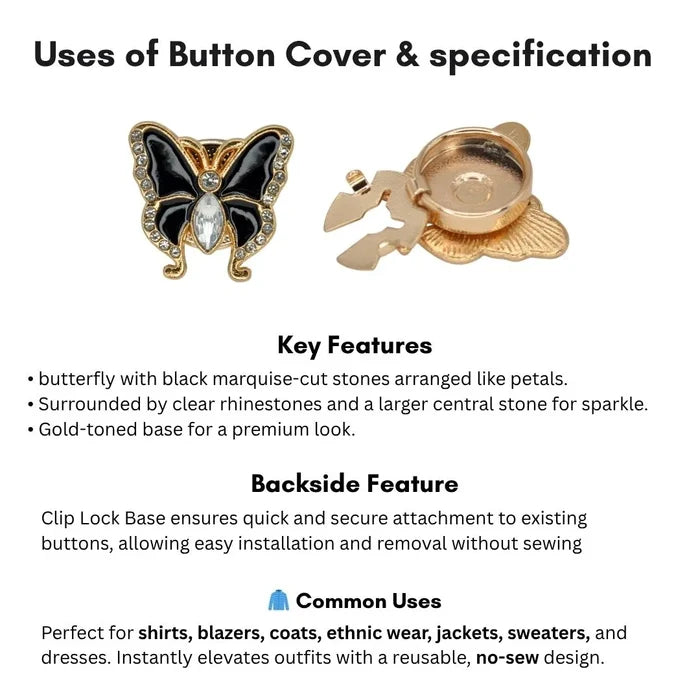 Black Enamel Rhinestone Butterfly Button Cover