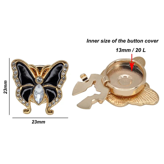 Black Enamel Rhinestone Butterfly Button Cover