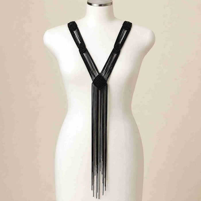 Black Macramé Y-Necklace Fringe Collar Patch