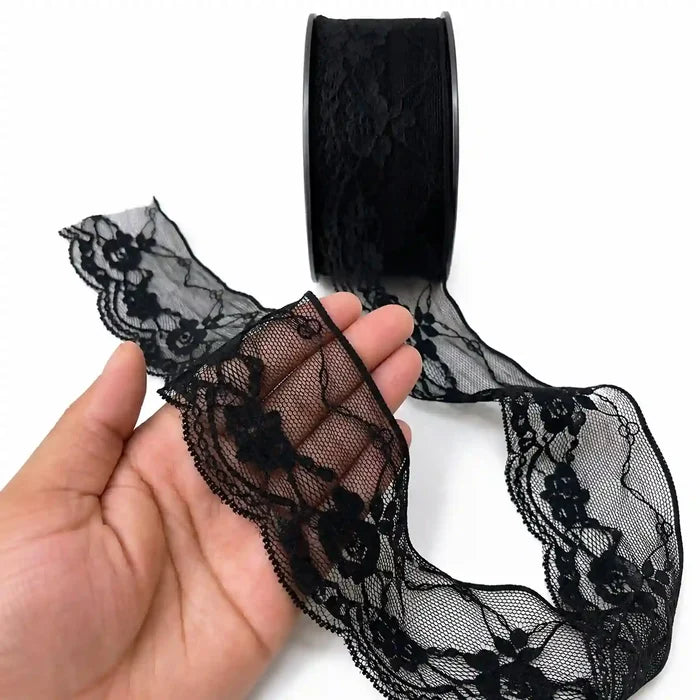 Black Scalloped Floral Lace | 5 Meters | SKU-B-51