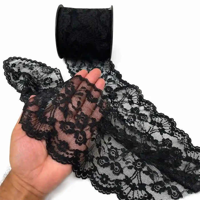 Black Scalloped Floral Lace | 5 Meters | SKU-B101