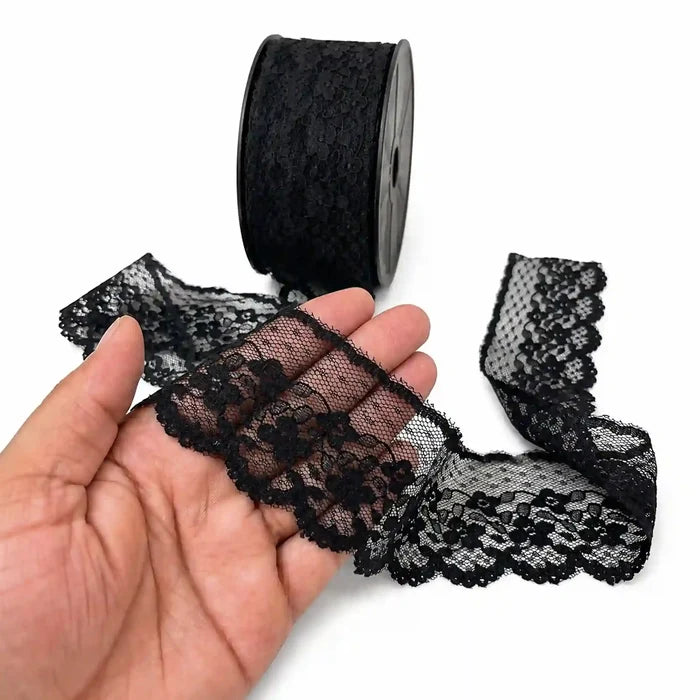 Black Scalloped Floral Lace | 5 Meters | SKU-B22