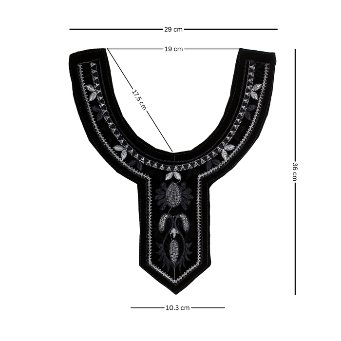 Black velvet with silver embroidery neckline